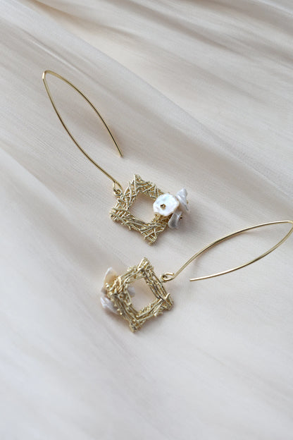 Thorn Frame Natural Pearl Earrings, Gold Drop & Dangle Earrings