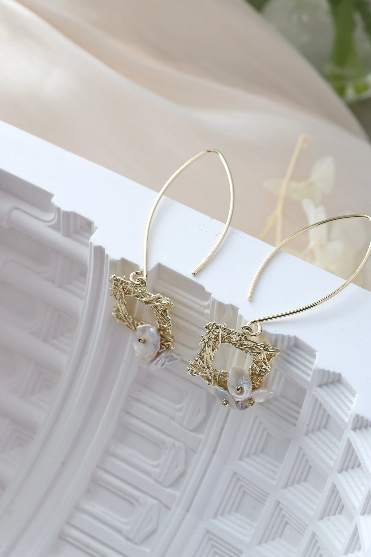 Thorn Frame Natural Pearl Earrings, Gold Drop & Dangle Earrings
