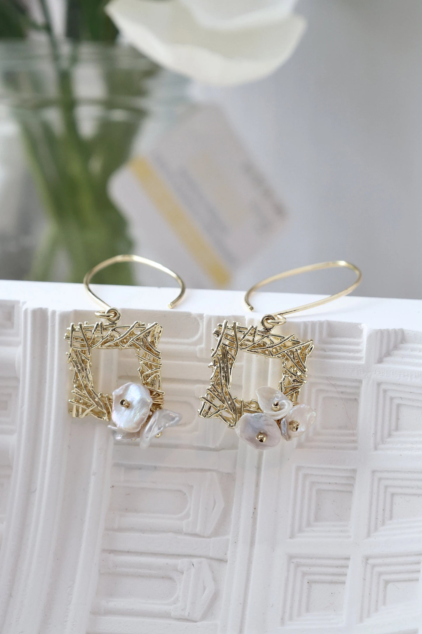 Thorn Frame Natural Pearl Earrings, Gold Drop & Dangle Earrings