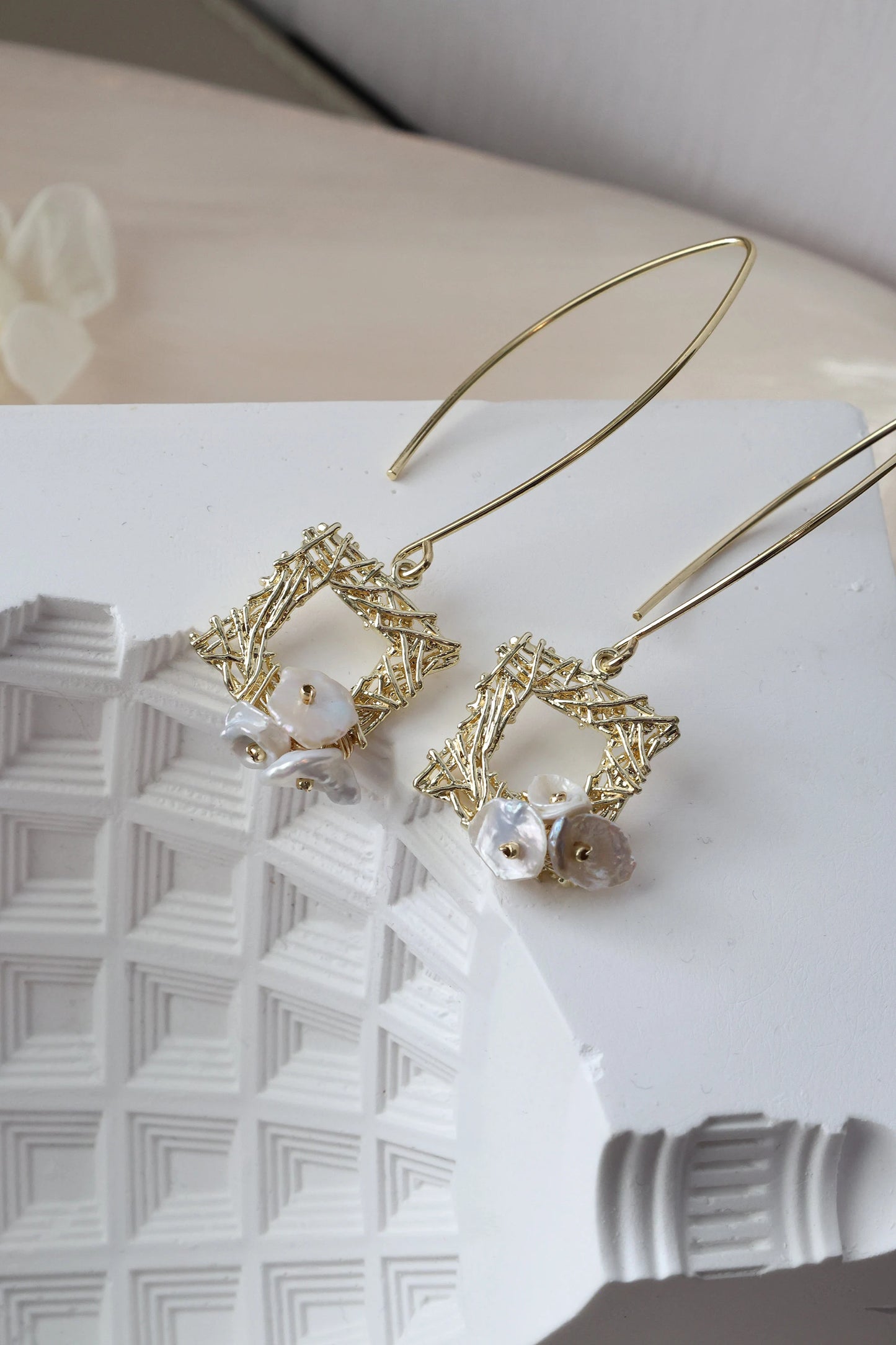Thorn Frame Natural Pearl Earrings, Gold Drop & Dangle Earrings