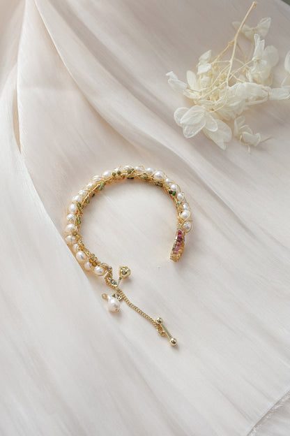 Tourmaline crushed stone pearl cuff bracelet, Freshwater pearl