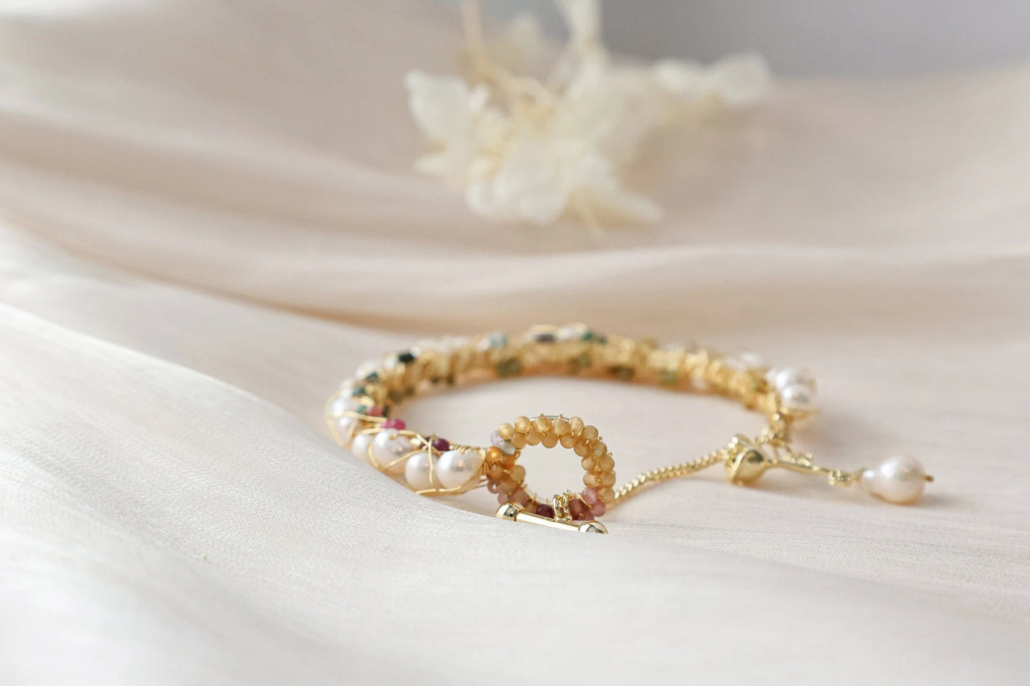 Tourmaline crushed stone pearl cuff bracelet, Freshwater pearl
