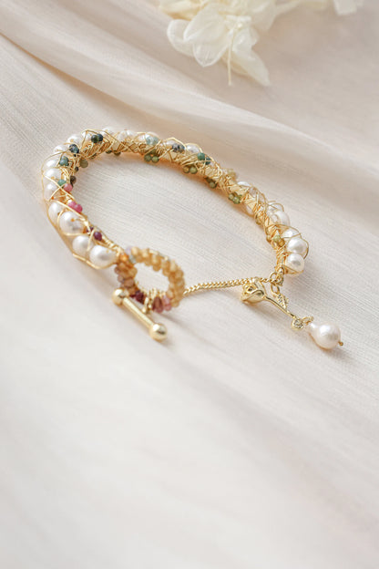 Tourmaline crushed stone pearl cuff bracelet, Freshwater pearl