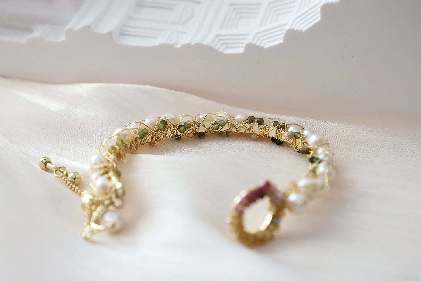 Tourmaline crushed stone pearl cuff bracelet, Freshwater pearl