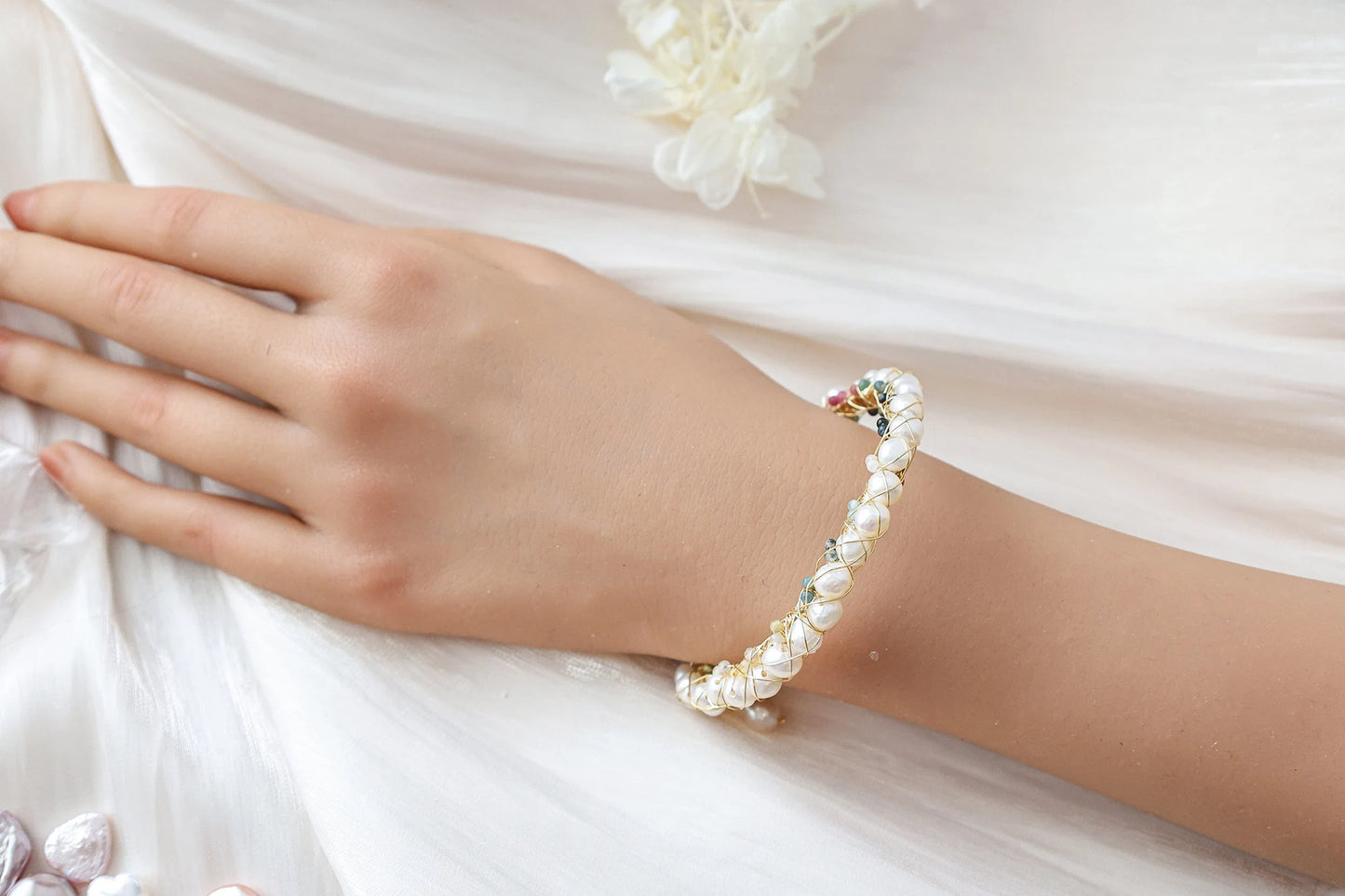 Tourmaline crushed stone pearl cuff bracelet, Freshwater pearl