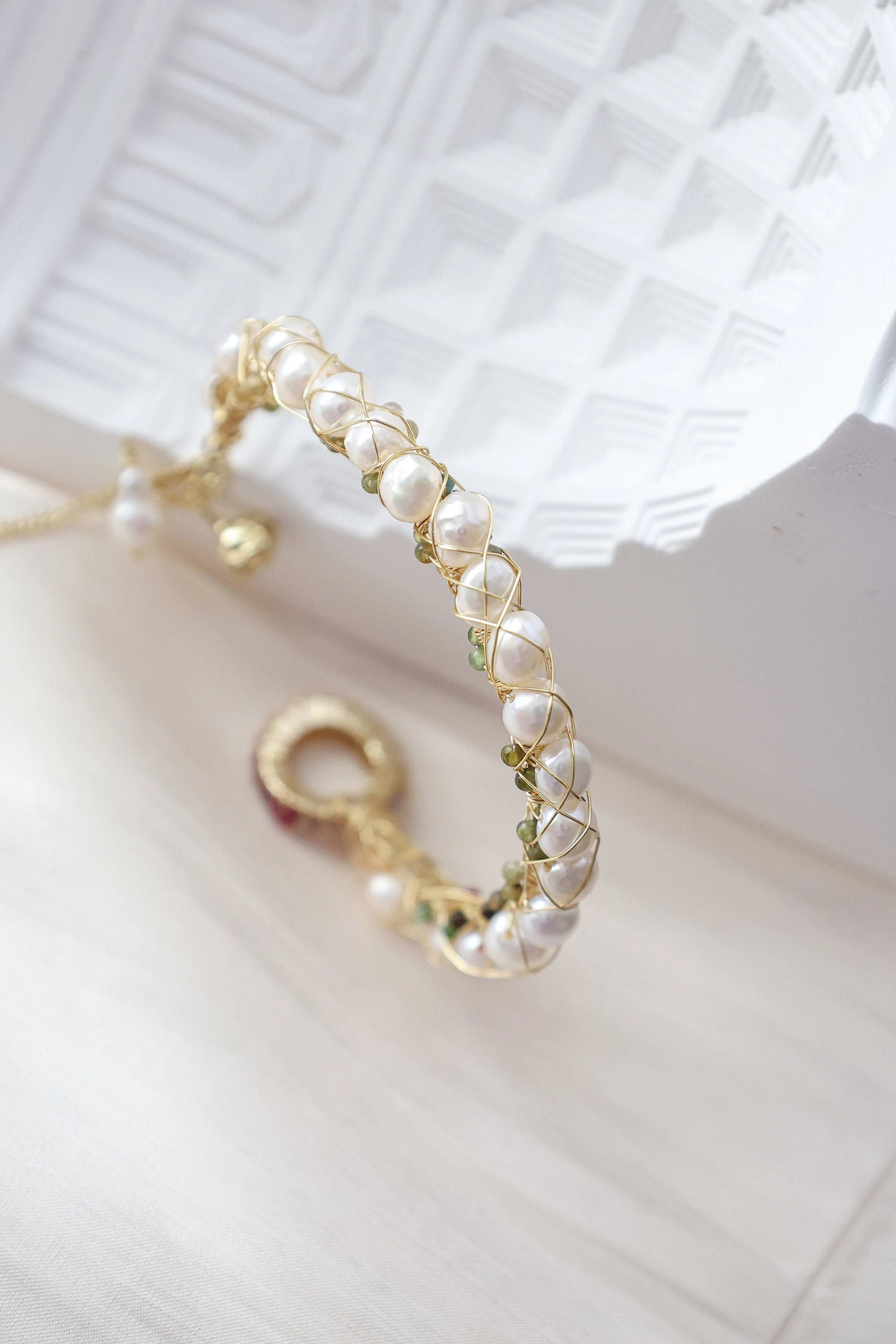 Tourmaline crushed stone pearl cuff bracelet, Freshwater pearl