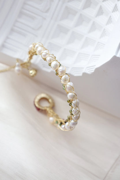 Tourmaline crushed stone pearl cuff bracelet, Freshwater pearl
