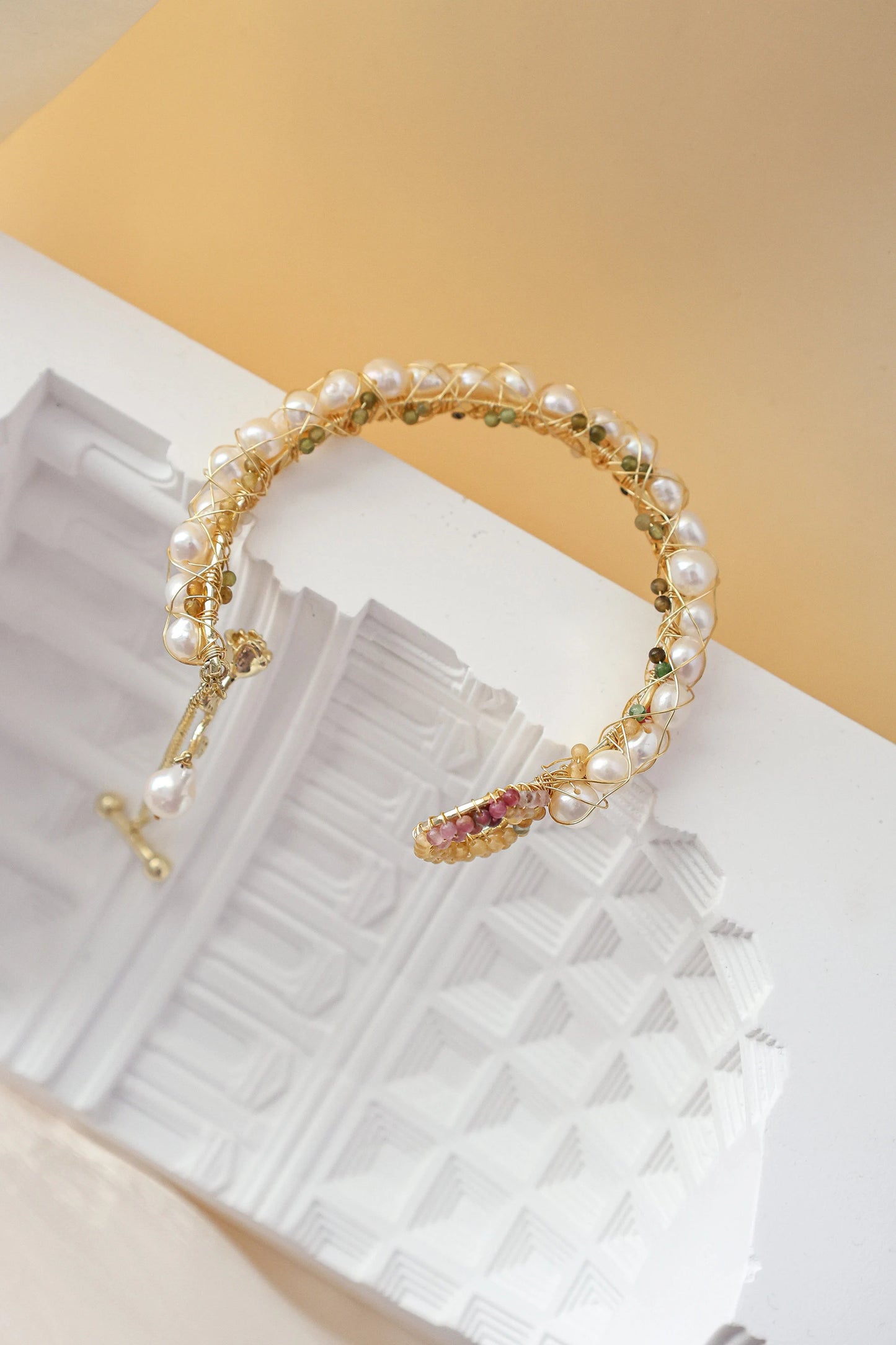 Tourmaline crushed stone pearl cuff bracelet, Freshwater pearl