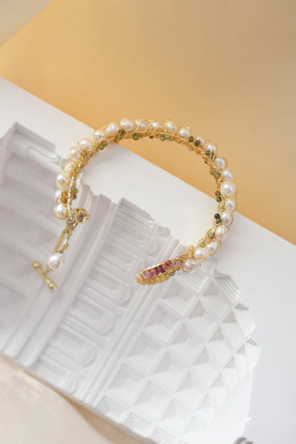 Tourmaline crushed stone pearl cuff bracelet, Freshwater pearl