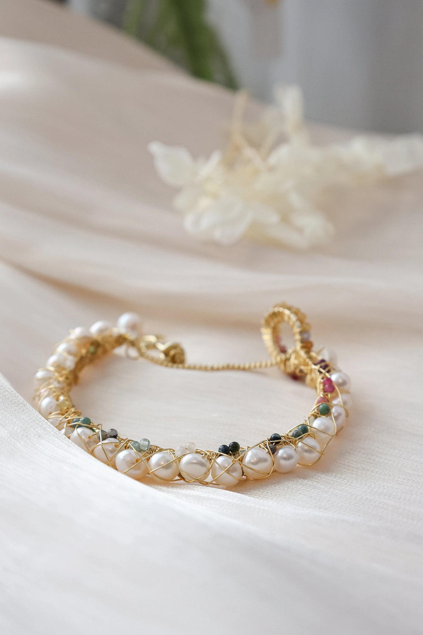 Tourmaline crushed stone pearl cuff bracelet, Freshwater pearl