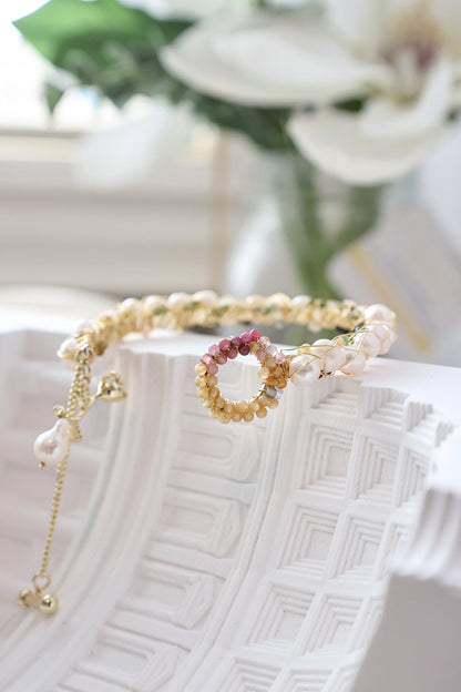 Tourmaline crushed stone pearl cuff bracelet, Freshwater pearl