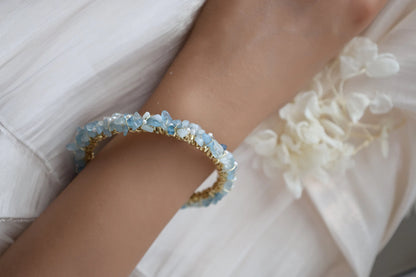 Natural Aquamarine Chips Wire Twisted Cuff Bracelet, Aquamarine