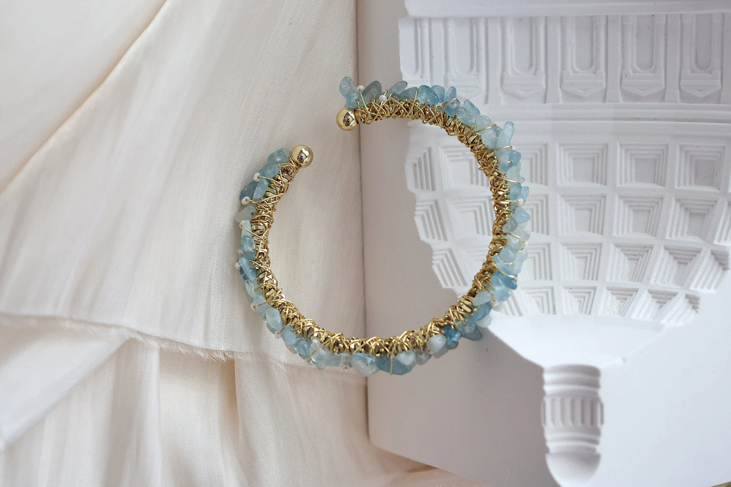 Natural Aquamarine Chips Wire Twisted Cuff Bracelet, Aquamarine