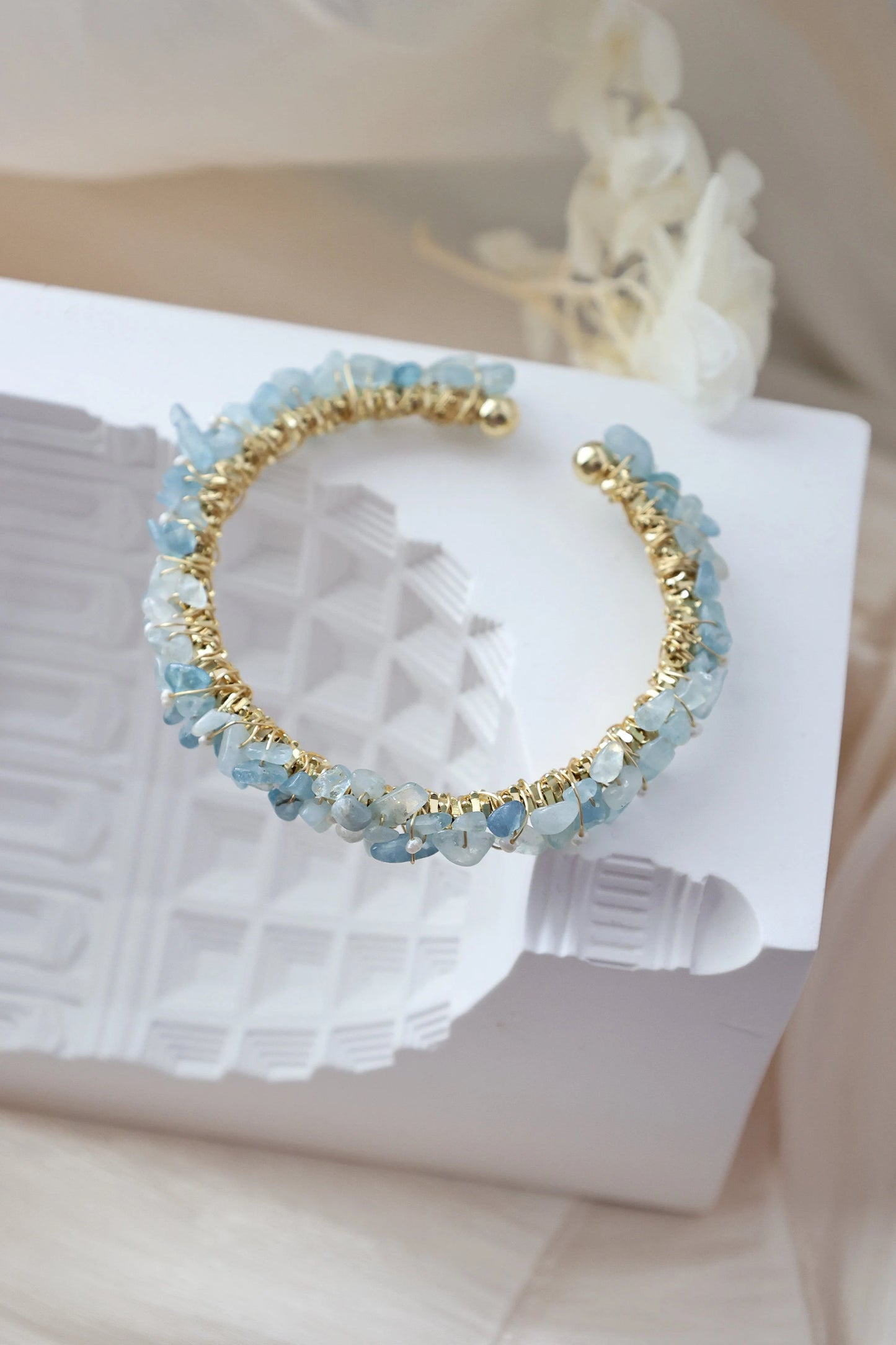 Natural Aquamarine Chips Wire Twisted Cuff Bracelet, Aquamarine