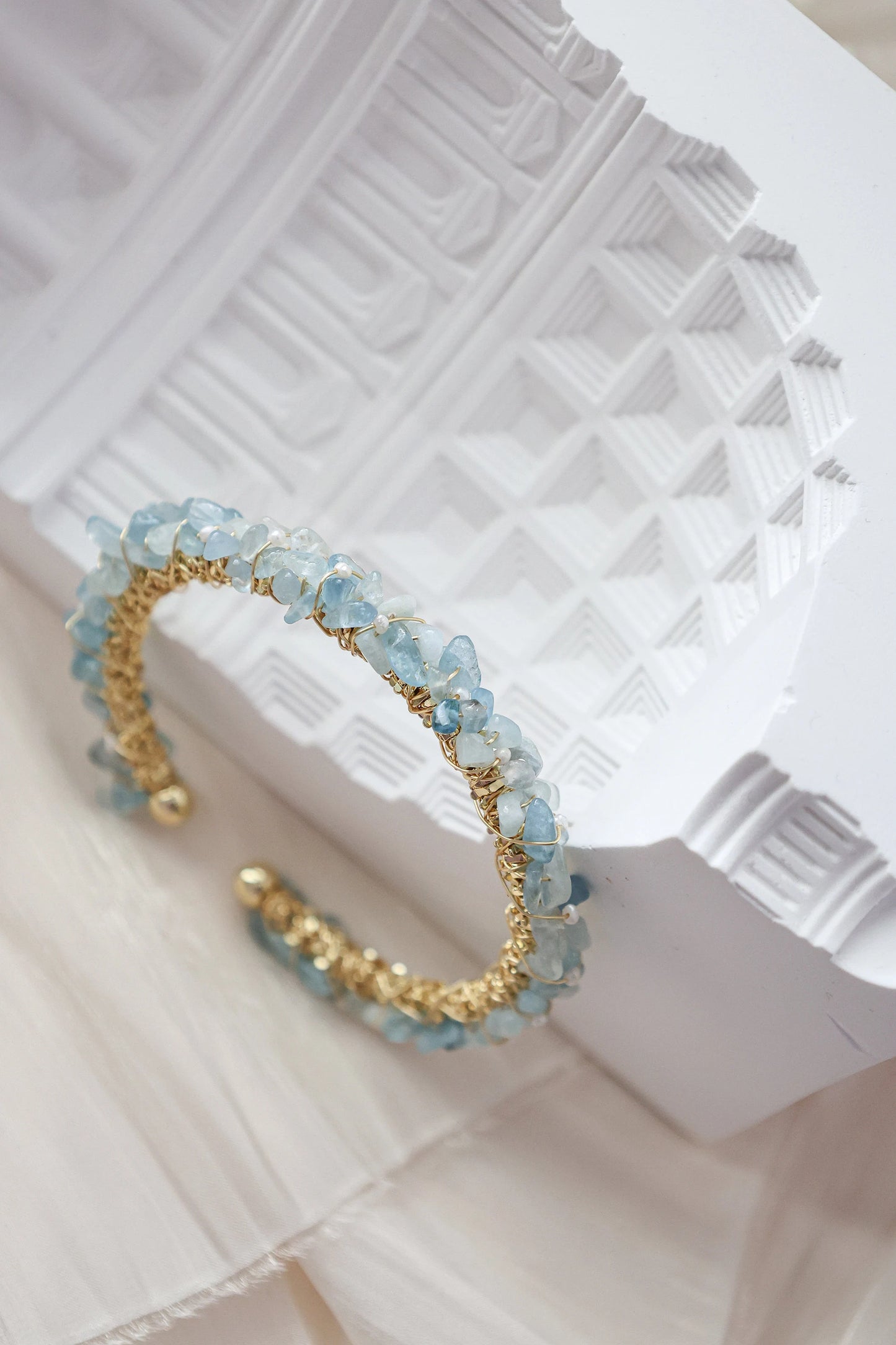 Natural Aquamarine Chips Wire Twisted Cuff Bracelet, Aquamarine