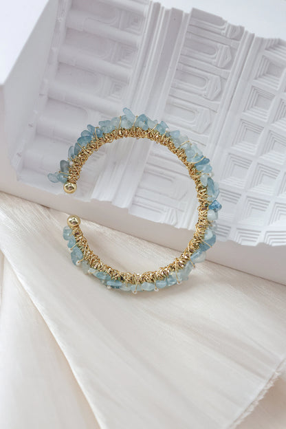 Natural Aquamarine Chips Wire Twisted Cuff Bracelet, Aquamarine