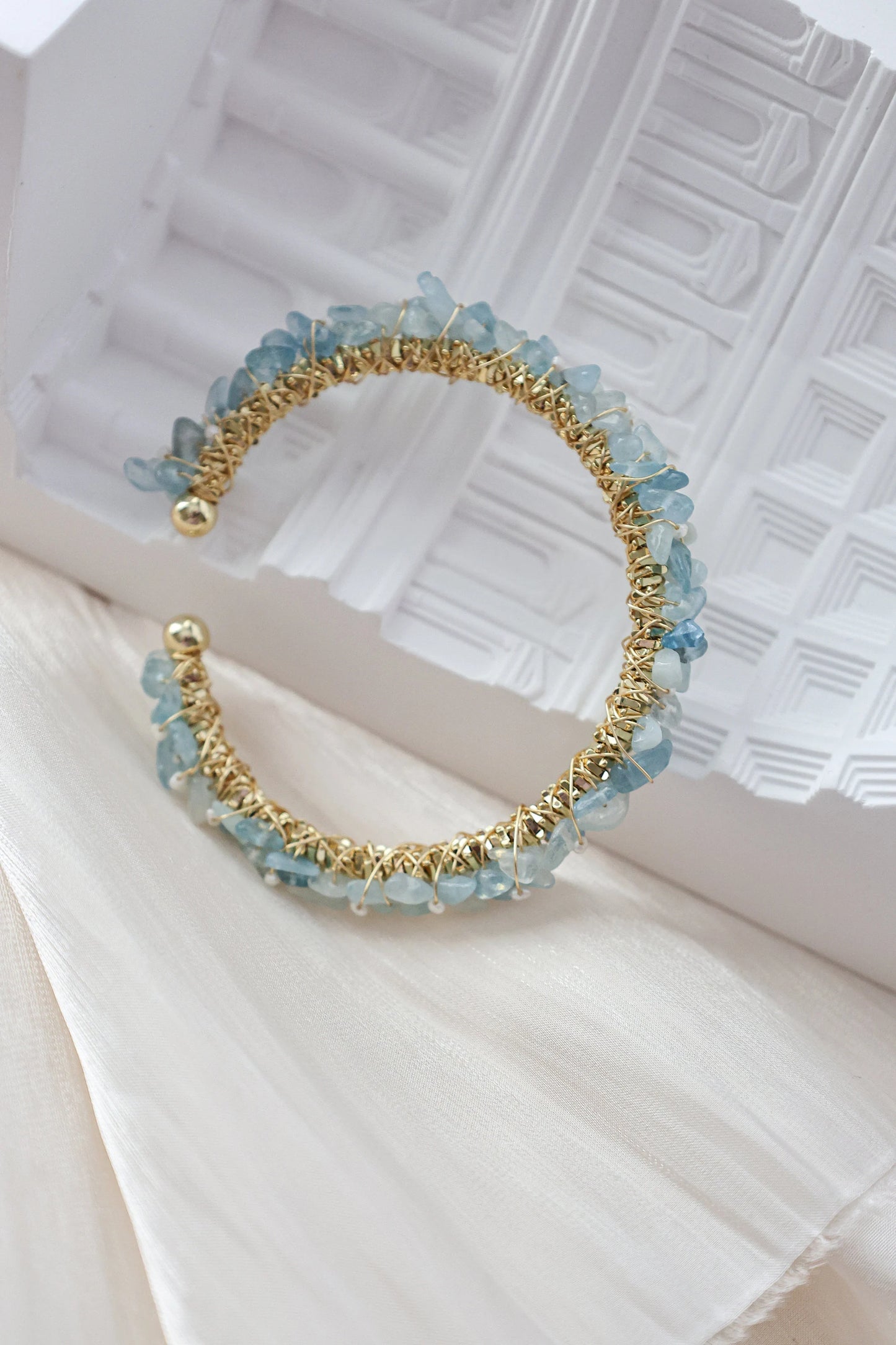 Natural Aquamarine Chips Wire Twisted Cuff Bracelet, Aquamarine
