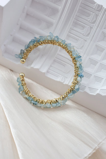 Natural Aquamarine Chips Wire Twisted Cuff Bracelet, Aquamarine