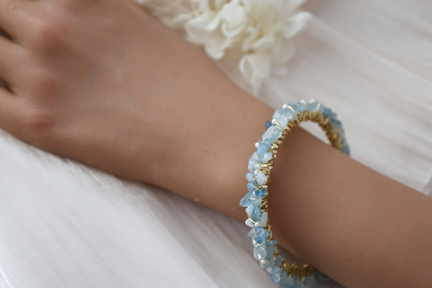 Natural Aquamarine Chips Wire Twisted Cuff Bracelet, Aquamarine