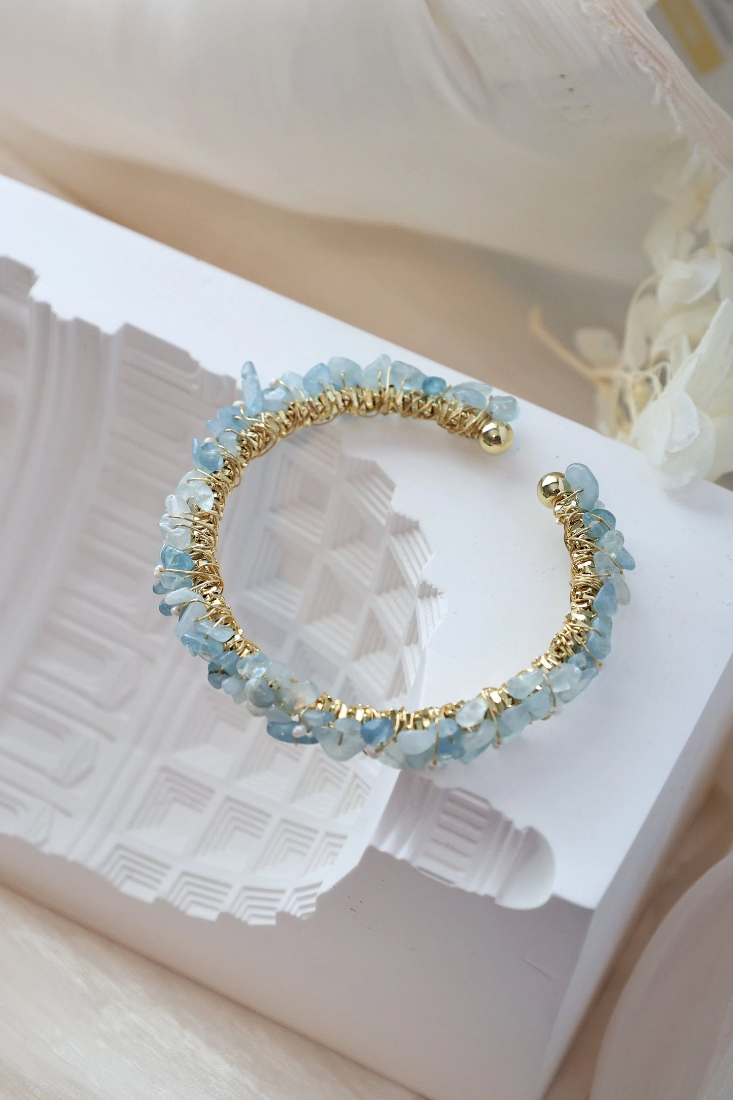 Natural Aquamarine Chips Wire Twisted Cuff Bracelet, Aquamarine