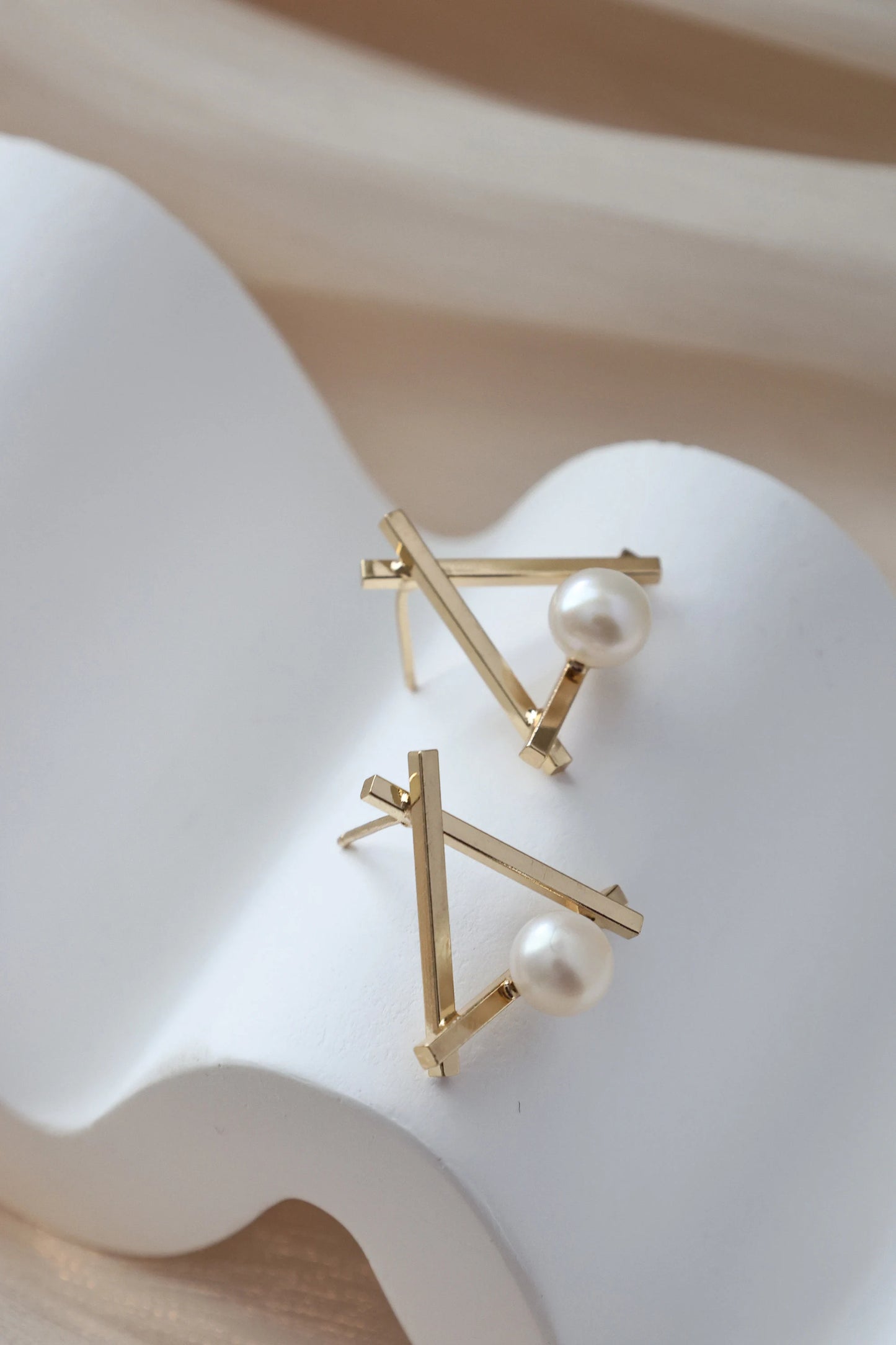 Handmade triangle pearl studs earrings, Bridal Earrings, Freshwater