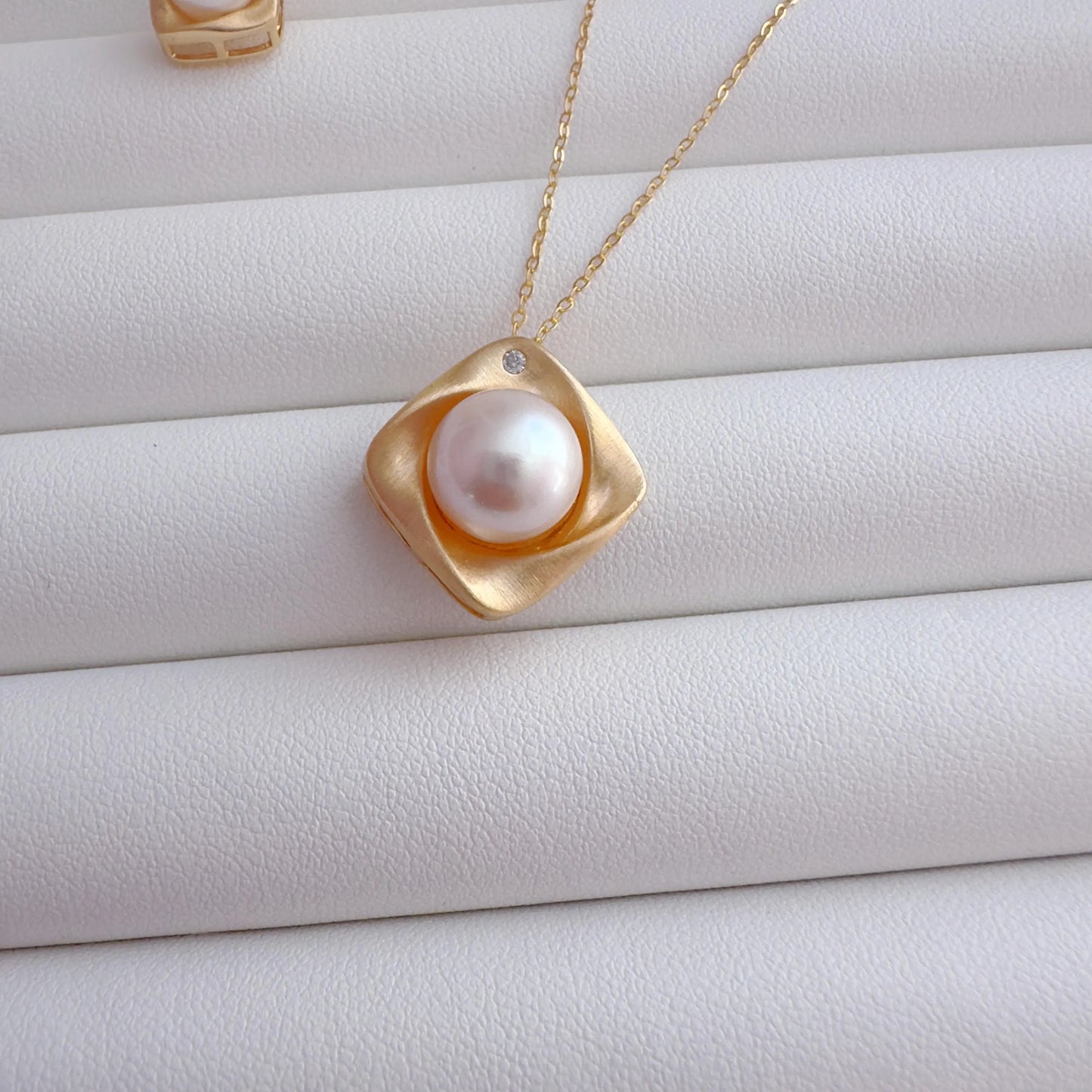 Matte Gold Square Pearl Studs & Necklace Set