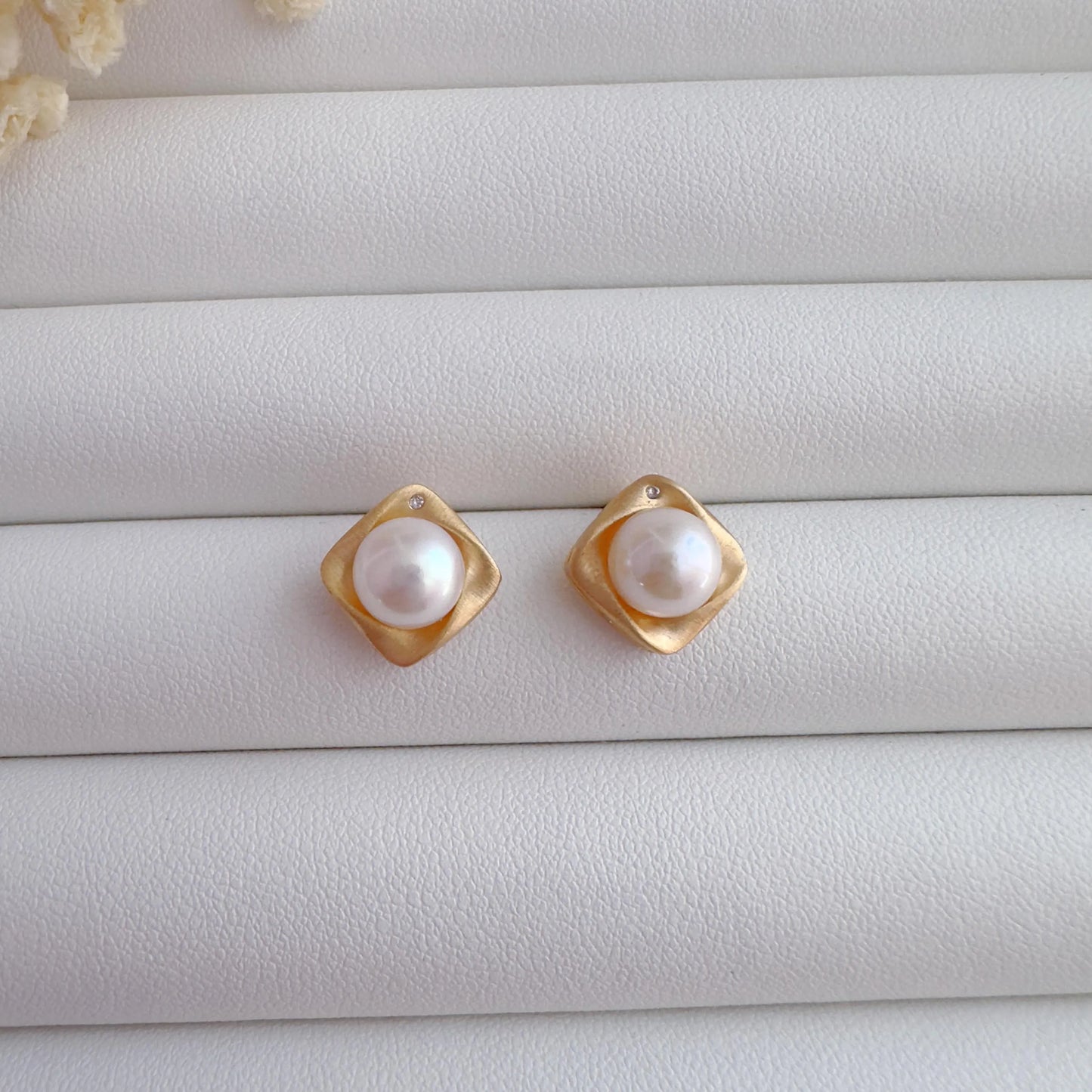 Matte Gold Square Pearl Studs & Necklace Set