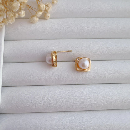 Matte Gold Square Pearl Studs & Necklace Set
