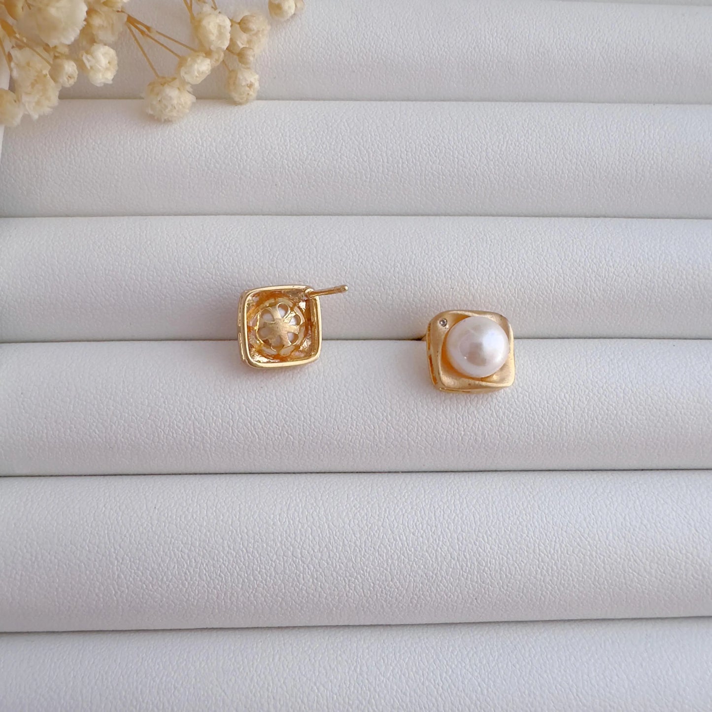 Matte Gold Square Pearl Studs & Necklace Set