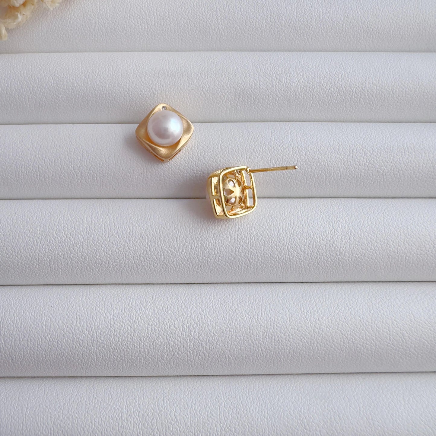 Matte Gold Square Pearl Studs & Necklace Set