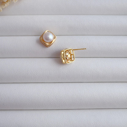 Matte Gold Square Pearl Studs & Necklace Set
