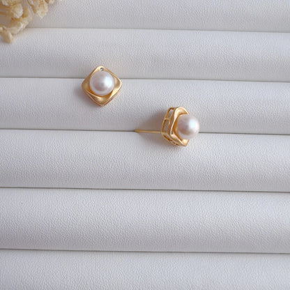 Matte Gold Square Pearl Studs & Necklace Set