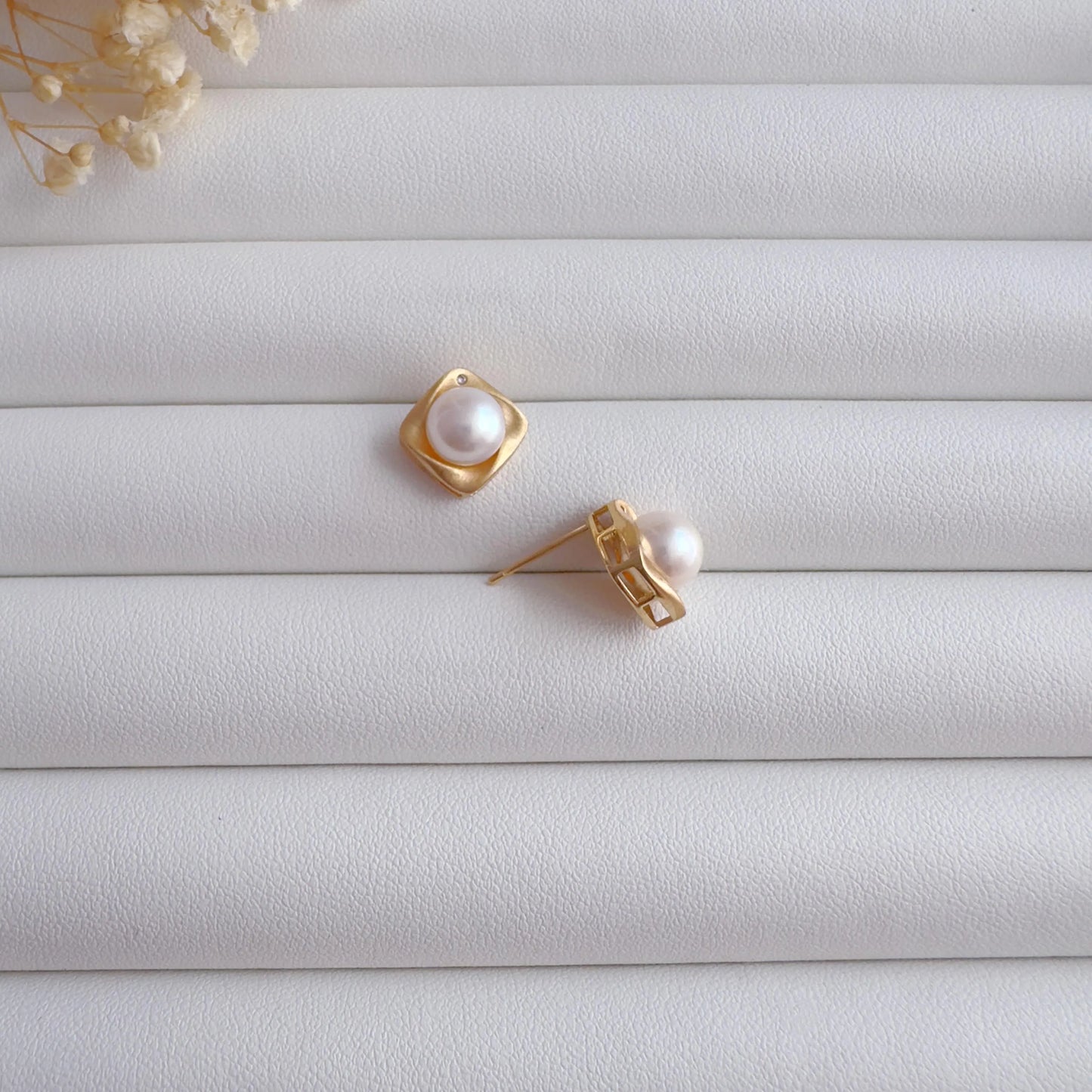 Matte Gold Square Pearl Studs & Necklace Set