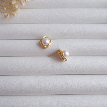 Matte Gold Square Pearl Studs & Necklace Set
