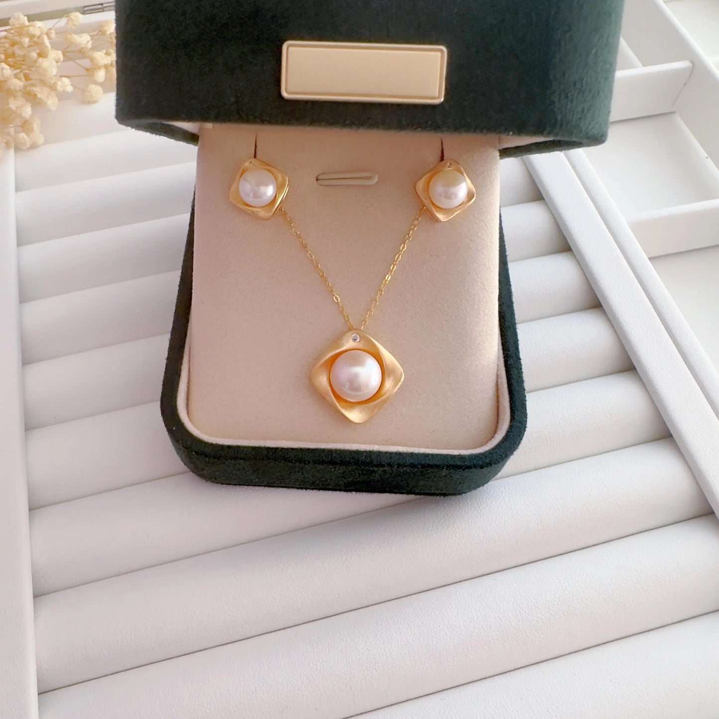 Matte Gold Square Pearl Studs & Necklace Set