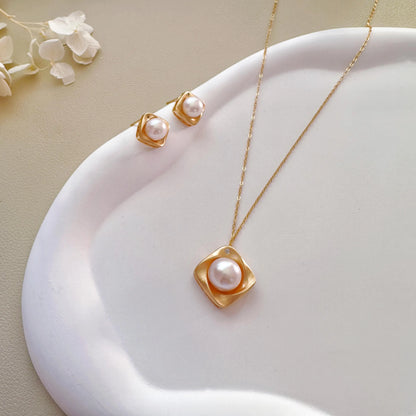 Matte Gold Square Pearl Studs & Necklace Set
