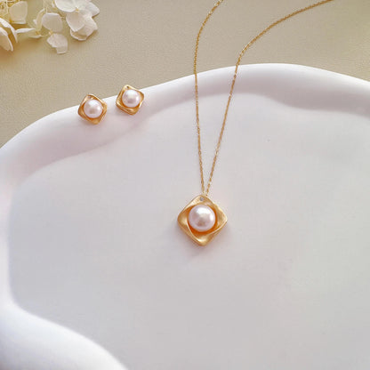 Matte Gold Square Pearl Studs & Necklace Set