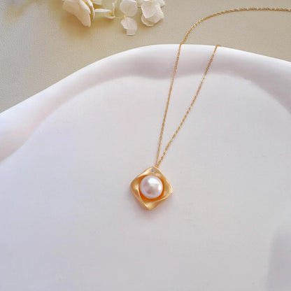 Matte Gold Square Pearl Studs & Necklace Set