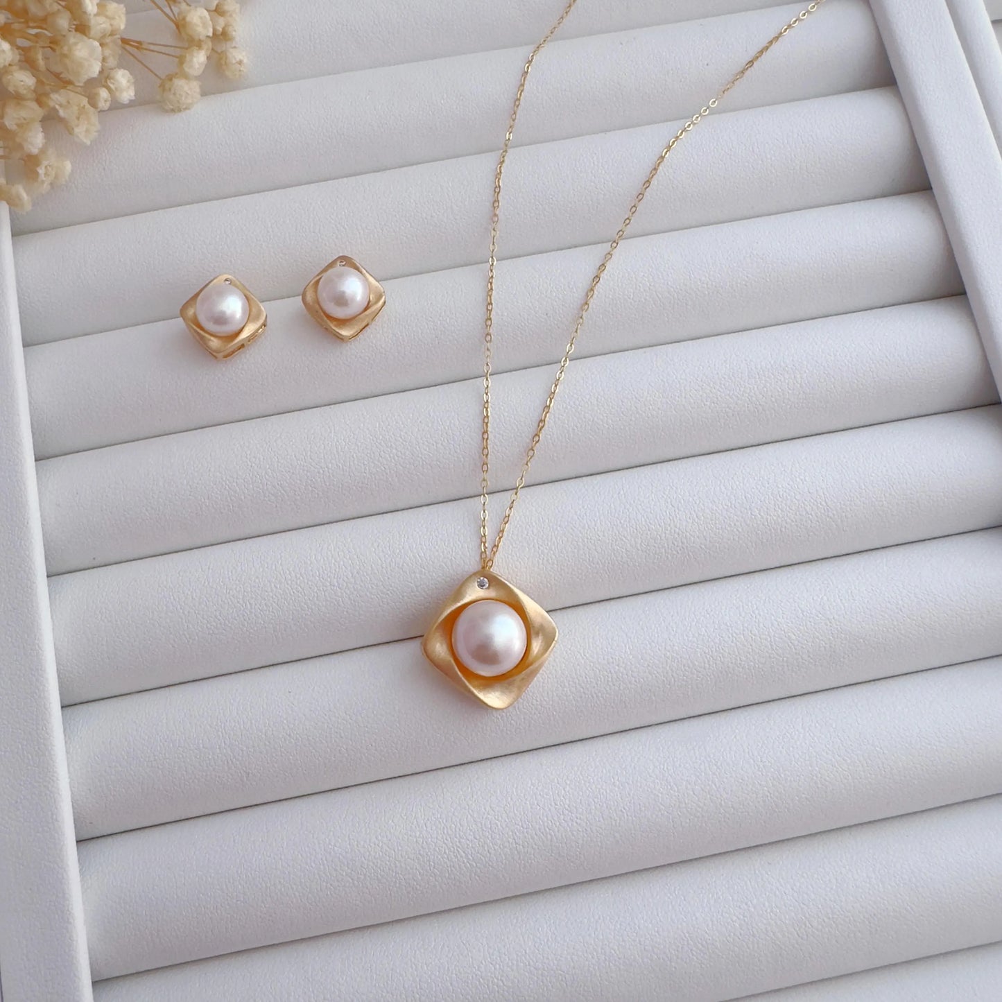 Matte Gold Square Pearl Studs & Necklace Set