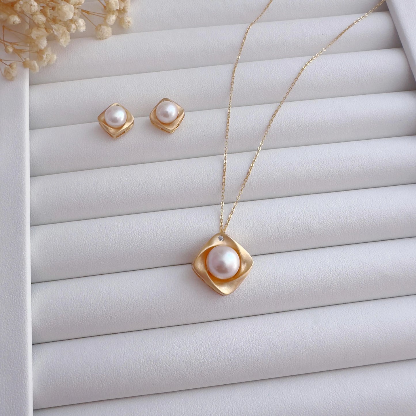 Matte Gold Square Pearl Studs & Necklace Set