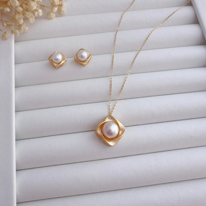 Matte Gold Square Pearl Studs & Necklace Set