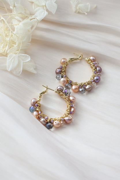 Colorful Pearl Hoop Earrings - Crafted with colored pearl