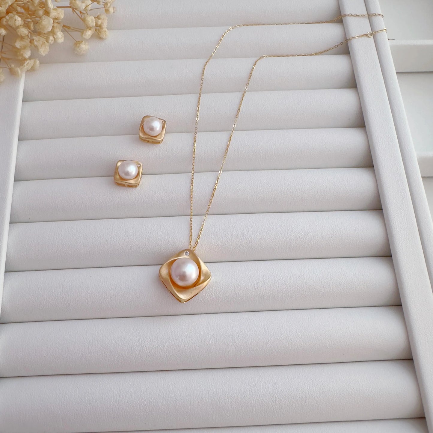 Matte Gold Square Pearl Studs & Necklace Set