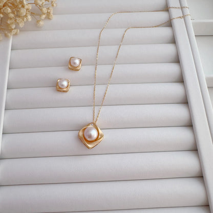 Matte Gold Square Pearl Studs & Necklace Set