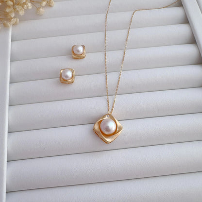 Matte Gold Square Pearl Studs & Necklace Set