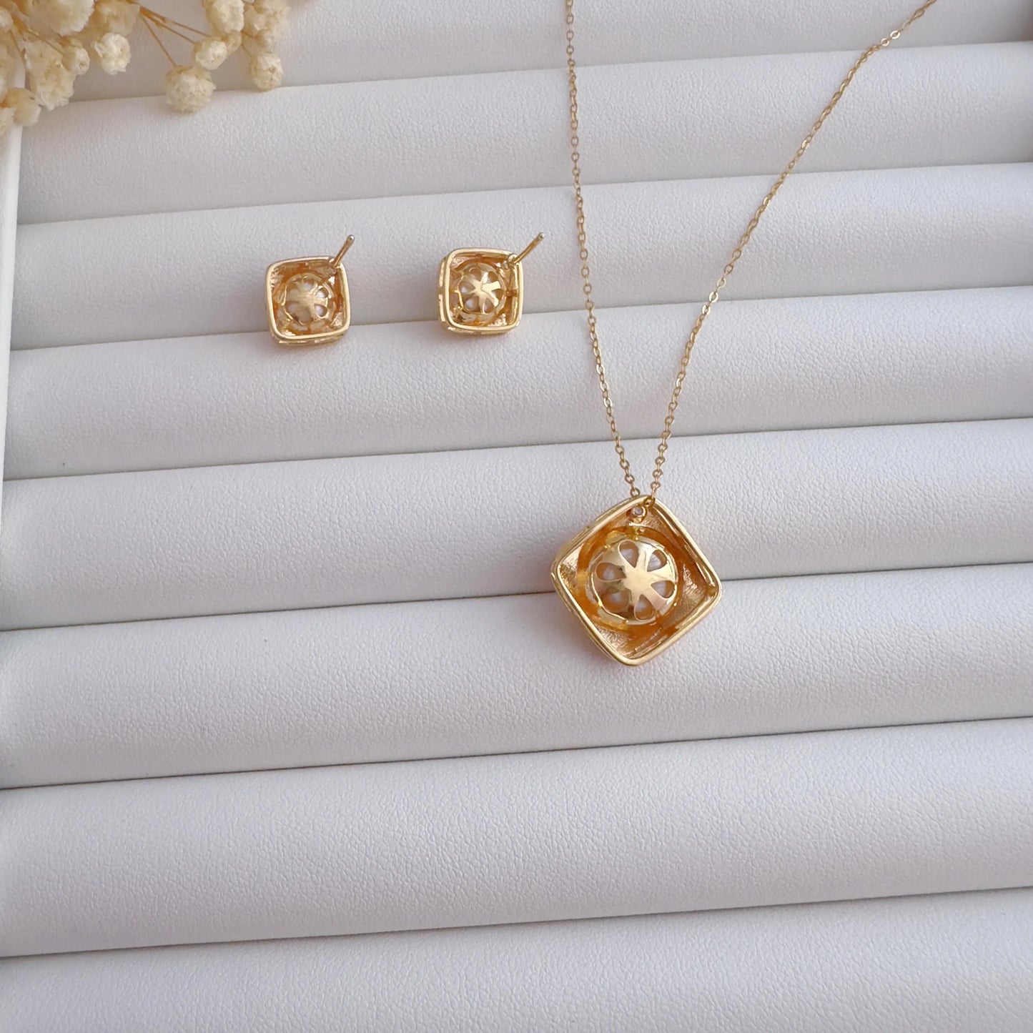 Matte Gold Square Pearl Studs & Necklace Set