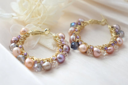 Colorful Pearl Hoop Earrings - Crafted with colored pearl