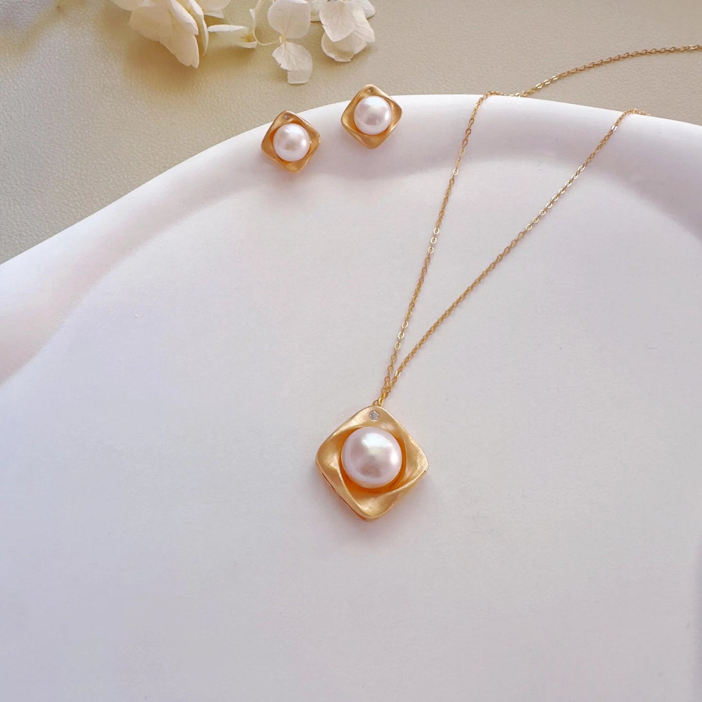 Matte Gold Square Pearl Studs & Necklace Set