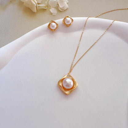 Matte Gold Square Pearl Studs & Necklace Set