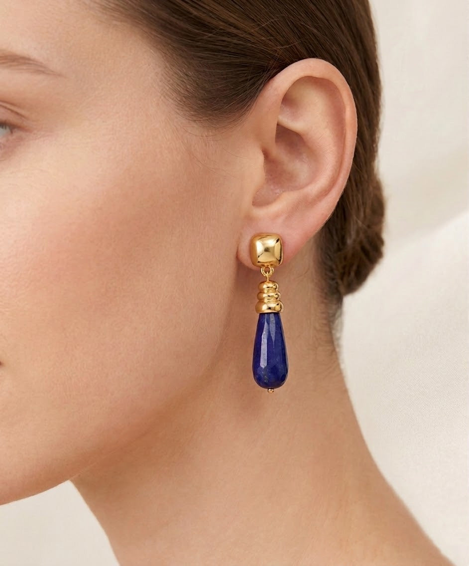 Gold Lapis Lazuli Drop Earrings - Crafted with Brass